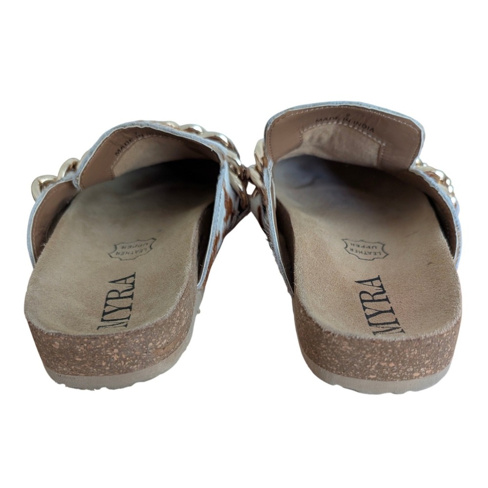 Myra Ado Cowhide Hair On Leather Sandals Women 7 Brown White Chain Accent Mules - Picture 5 of 10